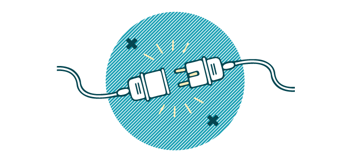 Página não encontrada. Erro 404. Ícone de tomada sendo desconectada do plug, simbolizando perda de conexão.