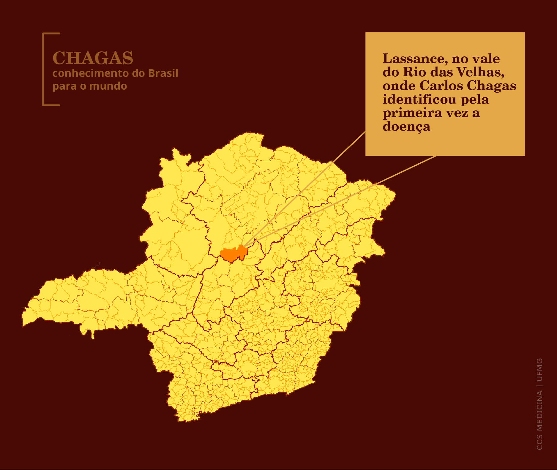 Mapa do estado de Minas Gerais indicando localização da cidade de Lassance. Texto: Lassance, no vale do Rio das Velhas, onde Carlos Chagas identificou pela primeira vez a doença.