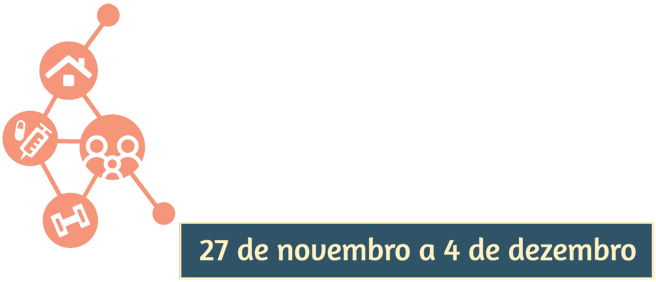 Símbolo da Terceira Mostra de Atenção Primária à Saúde: Interligados através de linhas, círculos trazem os ícones. Casa, pessoas, halteres e seringa comprimido